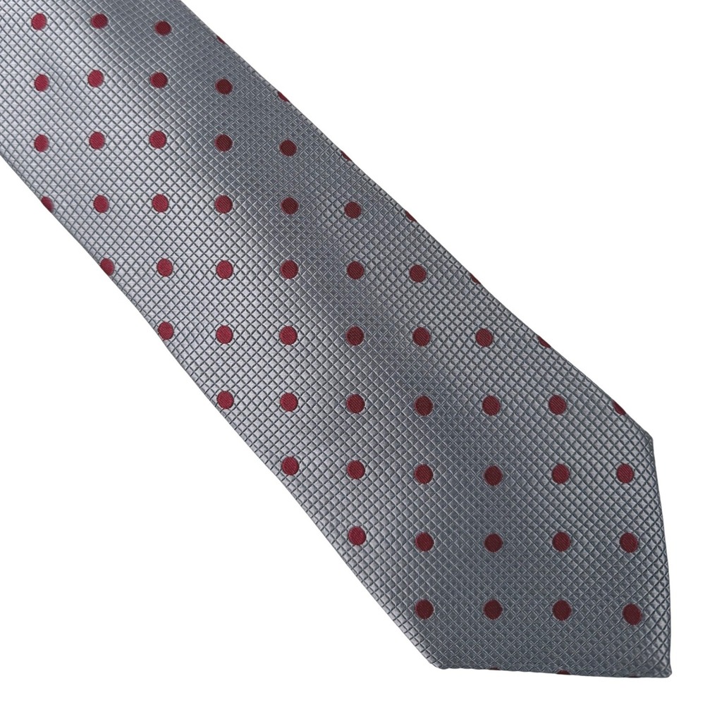 Brooks Brothers Silk Tie Grey Burgundy Polka Dot Stain Resistant Made in USA